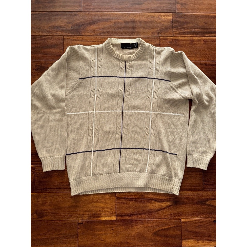 Bill Blass Mens Tan Knit Sweater Crew Neck Classic Plaid Design Size L